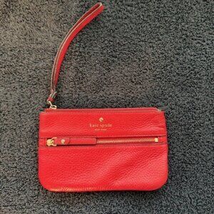Kate Spade Pebbled Red Gold Zipper Small Wristlet Bag Purse, Wallet.